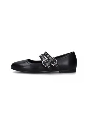 Ballerine in pelle nera con punta tonda, dotate di due cinturini con fibbie e fori, che offrono una suola piatta per il massimo comfort.