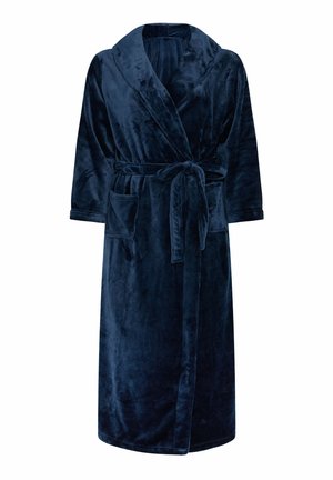 Bata de baño de polar azul marino con mangas largas, cuello de chal, cinturón de lazo y dos bolsillos frontales. Textura suave y diseño hasta la rodilla.