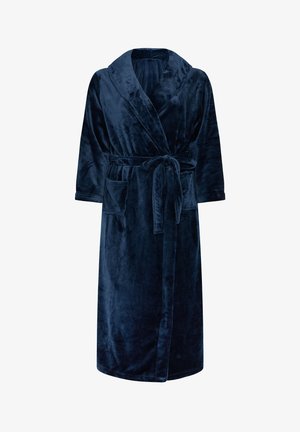 Marineblå fleecebadekåbe med lange ærmer, sjalskrave, bindebælte og to forlommer. Blød tekstur og knælængde.