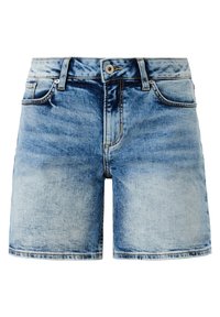 Džínové kraťasy v světlé modré barvě se zesvětleným omytem, s pěti kapsami, poutky na pásek a knoflíkovým zapínáním v pase.
