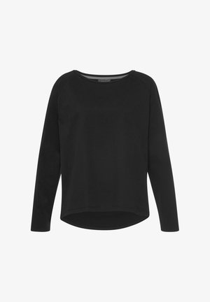 Black long-sleeve top with a rounded neckline and a curved hem. Made of soft fabric, it features raglan sleeves and a smooth texture.