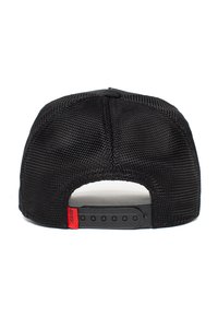 Black mesh snapback cap featuring a flat brim, detailed stitching, and a red accent tab on the back with adjustable closure.