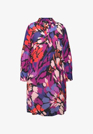 Värikäs kukkamekko, jossa on violetti, punainen ja vaaleanpunainen kuosi mustalla taustalla, kaulus ja pitkät hihat. Sujuva kankaan rakenne.