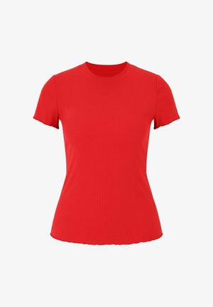 Rode geribde T-shirt met korte mouwen, een klassieke ronde hals en een golvende zoom. Gladde structuur met een getailleerde pasvorm.
