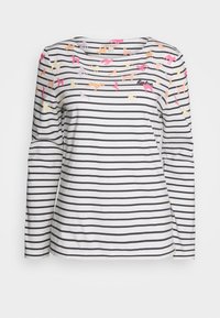 Langarmshirt mit weißen und marineblauen horizontalen Streifen. Mit bunten Tiermotiven auf der Brust und aus weichem Baumwollmaterial.