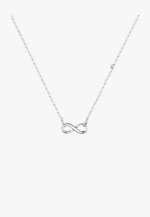 Sølv halskæde med et uendelighedssymbol som midte og en lille rund diamantaccent, samt et delikat kæde design.