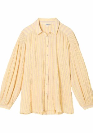 Bluza galbenă cu nasturi, din țesătură texturată. Prezintă mâneci lungi plisate și dungi verticale în nuanță de lavandă. Material moale și ușor.