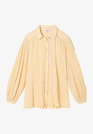 Bluza galbenă cu nasturi, din țesătură texturată. Prezintă mâneci lungi plisate și dungi verticale în nuanță de lavandă. Material moale și ușor.