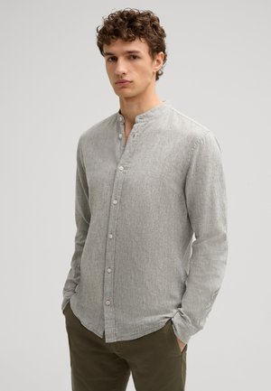 Light gray linen shirt with a henley collar, button front, and long sleeves; features a subtle texture and slightly relaxed fit.