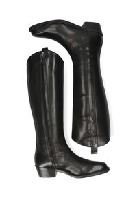 Knöchelhohe schwarze Lederstiefel mit glatter Textur, seitlichen Reißverschlüssen, einem niedrigen Absatz und dekorativer Naht entlang der Seiten.