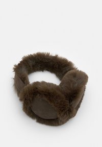 Brune faux pels ørevarmere med en blød tekstur og inderside i blødt materiale, med et rundt design og et sammenføjet polstret bånd.