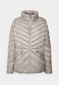 Jasno-beżowa kurtka puchowa z wysokim kołnierzem, wzorem w zygzaki, z przodem na zamek błyskawiczny oraz dwoma bocznymi kieszeniami z zamkami.