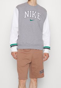 Grå sweatshirt med vita ärmar, med "NIKE" i stora bokstäver och en grön detalj. Bruna shorts med "NIKE"-logotyp i marinblått och röd.
