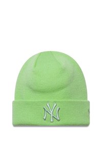 Grüne Strickmütze mit umgeschlagenem Krempe, auf der Vorderseite mit einem gestickten hellblauen New York Yankees-Logo. Weicher Stoff, nahtloses Oberdesign.