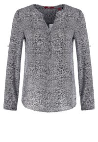 Svart och vit långärmad blus med en snug V-hals, små knappdetaljer och ett abstrakt bladmönster över hela. Slät textur.