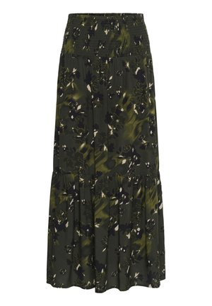 Jupe maxi de couleur vert foncé avec un motif floral, taille smockée texturée, tissu fluide et ourlet à volants superposés.