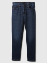 Jean en denim slim-fit bleu foncé avec un léger délavage sur les cuisses avant, des rivets cuivrés et un style classique à cinq poches, posé à plat sur un fond blanc.