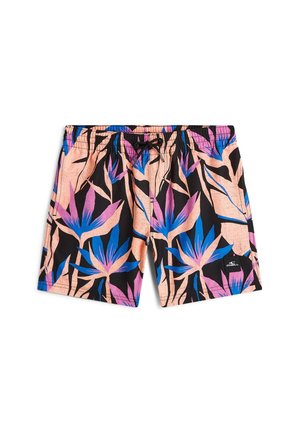 Men’s swim shorts with pink, blue, and black tropical leaf patterns, elastic waistband, drawstring, and O’Neill logo on leg.
