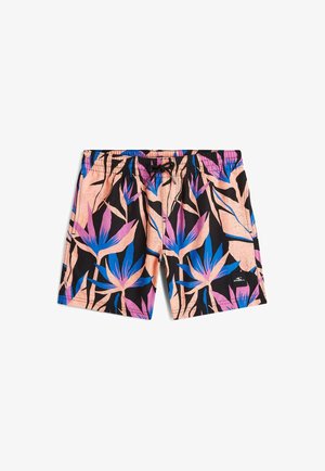 Męskie kąpielówki z różowo-niebiesko-czarnym wzorem tropikalnych liści, elastycznym pasem, sznurkiem do regulacji i logo O’Neill na nogawce.