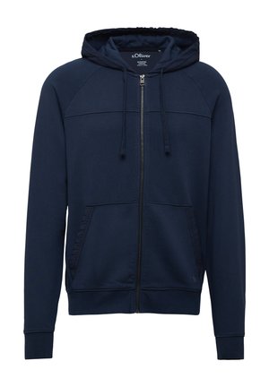 Navyblaue Kapuzenjacke mit Reißverschluss aus weichem Material, ausgestattet mit einer Kordelzugkapuze, zwei seitlichen Taschen und gerippten Bündchen für eine eng anliegende Passform.