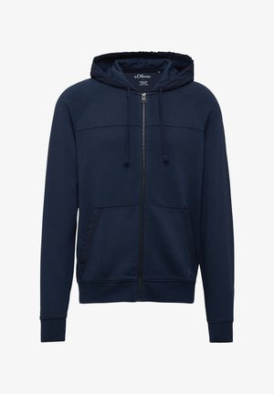 Navyblaue Kapuzenjacke mit Reißverschluss aus weichem Material, ausgestattet mit einer Kordelzugkapuze, zwei seitlichen Taschen und gerippten Bündchen für eine eng anliegende Passform.