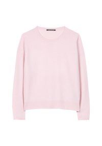 Hellrosa Pullover aus weichem Strickmaterial, mit einem Rundhalsausschnitt sowie gerippten Bündchen an Ärmeln und Saum, in entspannter Passform und mit langen Ärmeln.