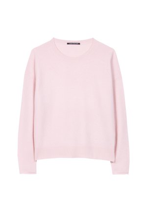 Light pink sweater made of soft knit material, featuring a round neckline and ribbed cuffs and hem, with a relaxed fit and long sleeves.