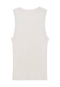 Weißes ärmelloses geripptes Tanktop aus weichem, strukturiertem Stoff. Das Design zeichnet sich durch einen runden Halsausschnitt und eine taillierte Form aus.