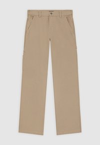 Khaki cargo kalhoty se rovnýma nohama, několika kapsami a hladkým bavlněným materiálem; mají zapínání na knoflík a poutka na pásek.