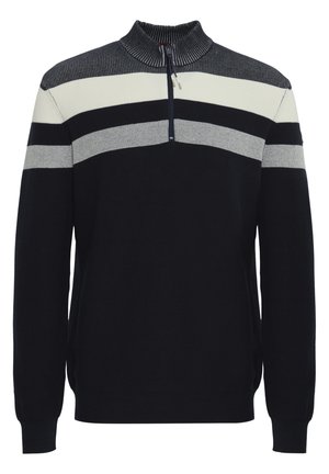 Jūras spēku džemperis ar pusi rāvējslēdzēja apkakli. Iezīmēts ar strukturētu adījumu plecos un trim horizontālām joslām baltā, pelēkā un melnā krāsā.