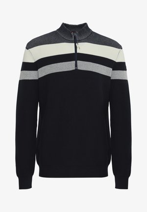 Navy pullover with a half-zip collar. Features textured knit at shoulders and three horizontal stripes in white, gray, and black.