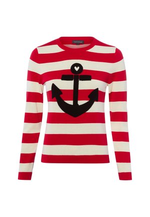 Rot-weiß gestreifter Langarmpullover mit breiten horizontalen Streifen und einem großen schwarzen Anker, der oben in der Mitte ein kleines weißes Herz zeigt.