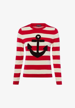 Rood-wit gestreepte trui met lange mouwen en een grote zwarte anker waarop een klein wit hartje bovenaan in het midden is afgebeeld.