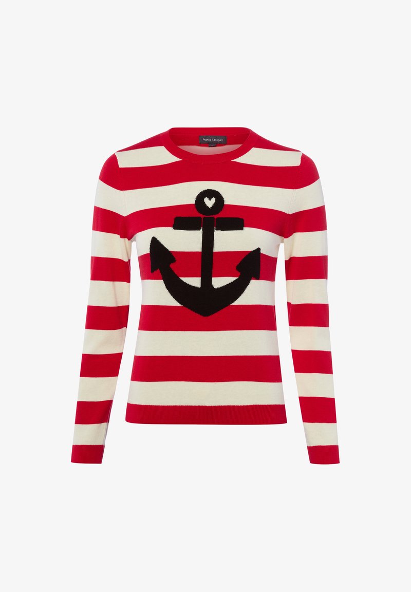 Rot-weiß gestreifter Langarmpullover mit breiten horizontalen Streifen und einem großen schwarzen Anker, der oben in der Mitte ein kleines weißes Herz zeigt.