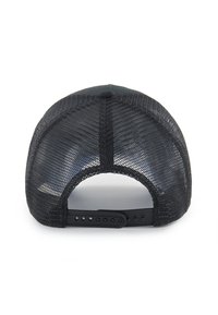 Black mesh trucker cap viewed from the back with adjustable snap closure and solid panel top against a white background.