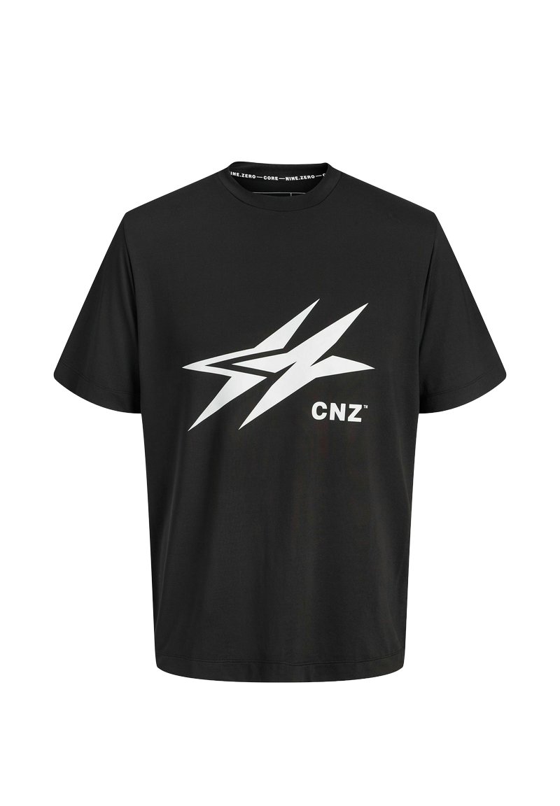 Camiseta de algodón negra con cuello redondo, que presenta un gran gráfico de rayo blanco y el texto "CNZ" en la parte delantera. Mangas cortas, corte relajado.
