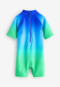 Kortærmet rash guard badetøj i blå og grøn gradient, lavet af glat, strækbart materiale med en lynlås på bagsiden.