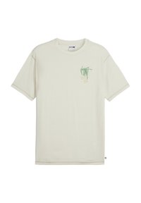 Crème katoenen t-shirt met een ontspannen pasvorm. Heeft groene grafische tekst op de borst en subtiele stikdetails. Korte mouwen, ronde halslijn.