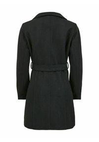 Schwarzer Wollmantel mit tailliertem Gürtel, spitzem Kragen und langen Ärmeln. Verfügt über eine glatte Textur und eine maßgeschneiderte Silhouette.