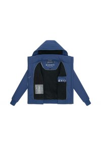 Marineblauwe geïsoleerde jacket met capuchon, uitgerust met een zwarte fleece binnenkant, ritszakken en een label met beschermingsdetails.