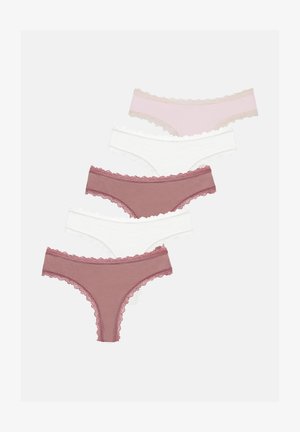 Cinco pares de calcinhas com rendas nas cores rosa, branca e bordô, com um material suave e um design leve.