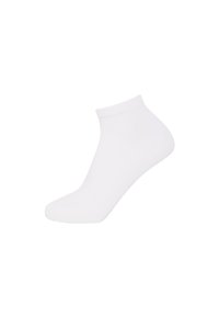 White ankle sock made of a soft, smooth fabric; features a ribbed cuff and a contoured shape for a snug fit. No visible patterns.