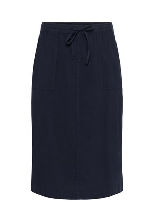 Marineblauer knielanger Rock mit elastischem Bund und vorderem Kordelzug, ausgestattet mit zwei großen rechteckigen Fronttaschen.