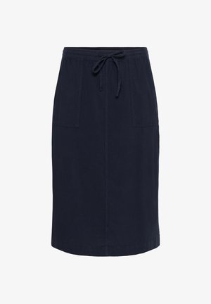 Gonna blu navy fino al ginocchio con fascia elastica in vita e coulisse frontale, con due grandi tasche rettangolari frontali.