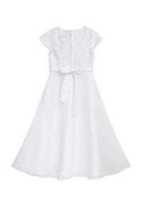 Weißes Kleid mit einem Spitzenmieder, kurzen Ärmeln und einem glatten Satinstoffrock. Mit einem Reißverschluss am Rücken und einer Schnürung in der Taille.