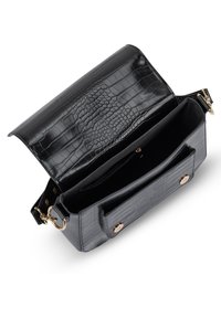 Black crocodile-embossed leather handbag with a structured design, gold hardware accents, and an interior comprising two compartments and a zipper pocket.