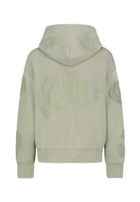 Hellgrüne Kapuzenjacke in Oversize-Passform, mit erhabenem "LOVE"-Text und floralen Designs in passendem Farbton. Weicher Stoff, gerippte Bündchen und Saum.