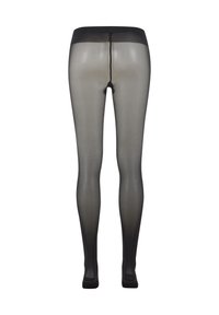 Collants noirs transparents avec une large ceinture, une texture lisse et un design sans coutures. Présentent un bout renforcé et un détail de couture arrière.