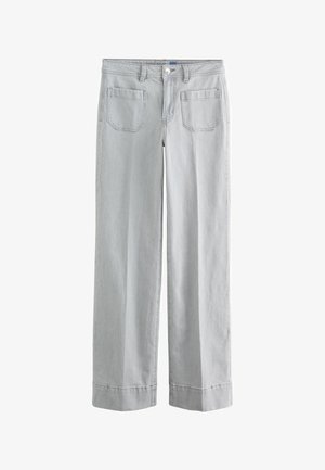 Hellgraue Jeans mit weitem Bein, vorderen aufgesetzten Taschen, Gürtelschlaufen, Knopfverschluss und umgeschlagenen Säumen.