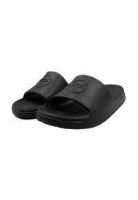 Ciabatte nere a fascia larga con un logo circolare. Realizzate in materiale liscio, con una soletta testurizzata e suola inclinata.